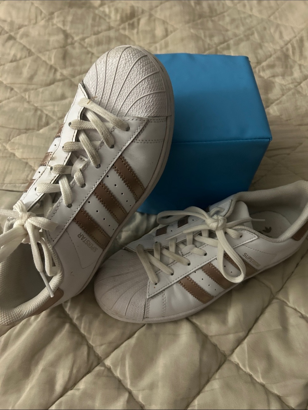 adidas Women’s White Sneakers with Metallic Bronze Stripes